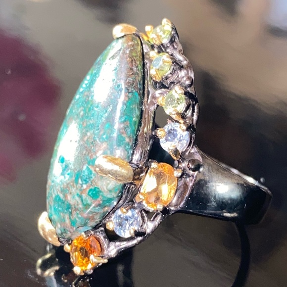 Mysterious Genuine Turquoise Ring with Gemstones - Picture 9 of 17